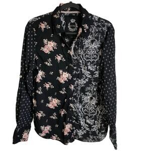 Cino Crinkle Button Up Blouse Long Sleeves Cotton Roll Tabs Sz L Shabby Chic